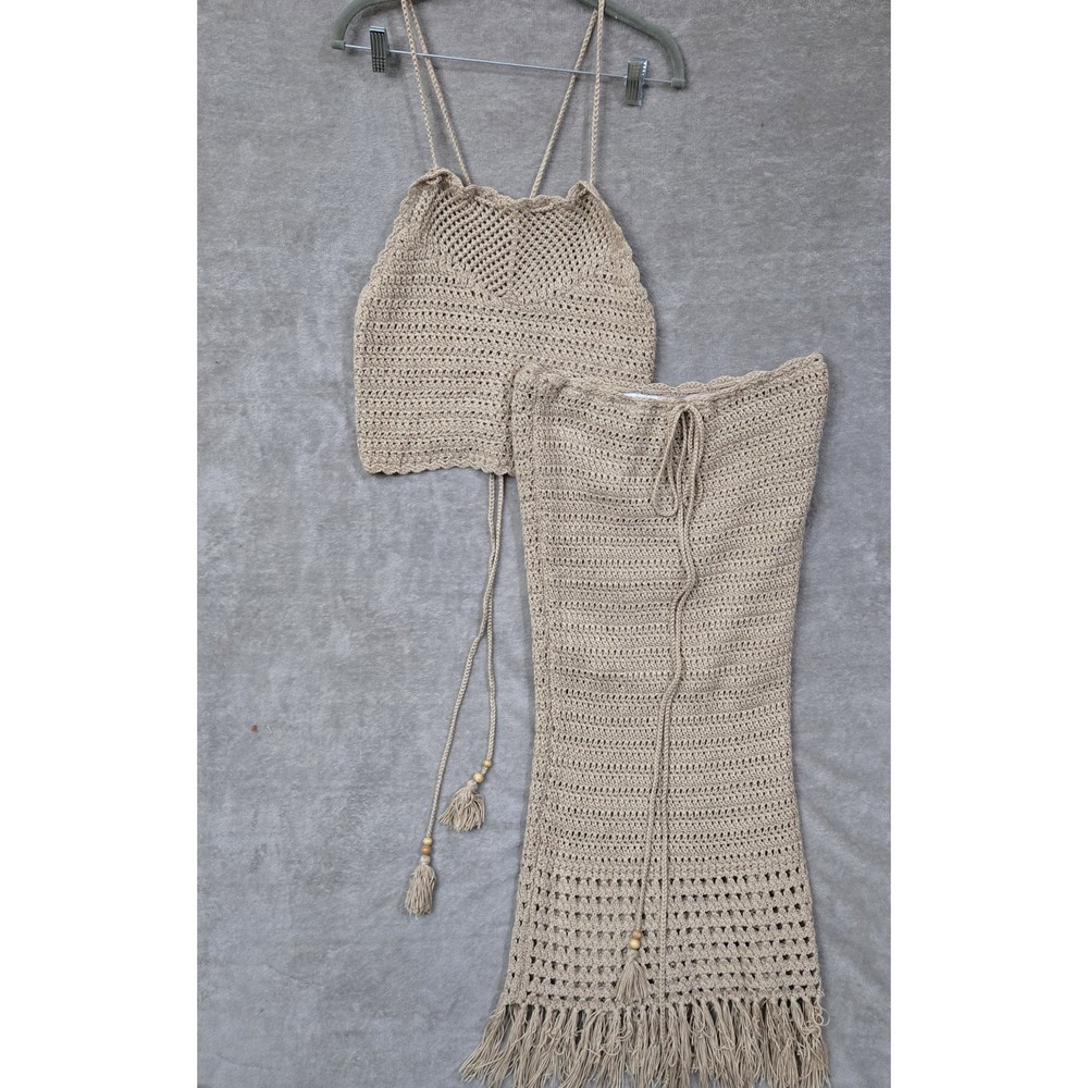 Fashion Nova Crochet Halter Top Skirt XL Beige Boho Festival Summer Beach Resort